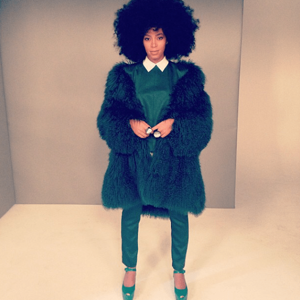 Solange-Knowles-Style-Monochromatic-Ensemble-Olive-Green-Fur-Separates-Fashion-OnGiselleAve