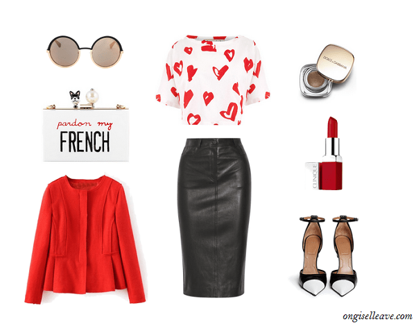 Leather-Skirt-Graphic-Kiss-Print-Top-Red-Wool-Blazer-Statement-Clutch-Fashion-OnGiselleAve