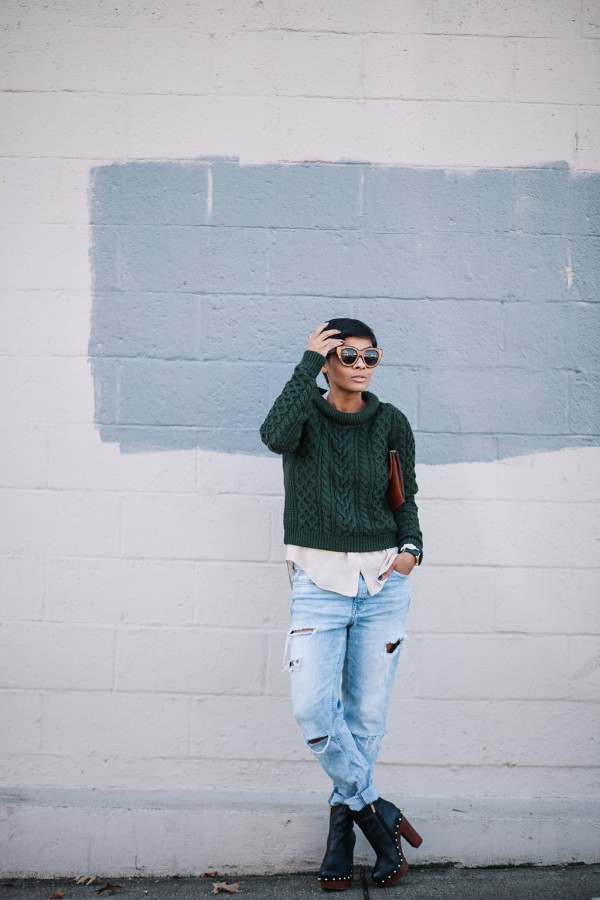 Knit-Sweater-Button-Down-Blouse-Distressed-Denim-Layers-Fashion-OnGiselleAve