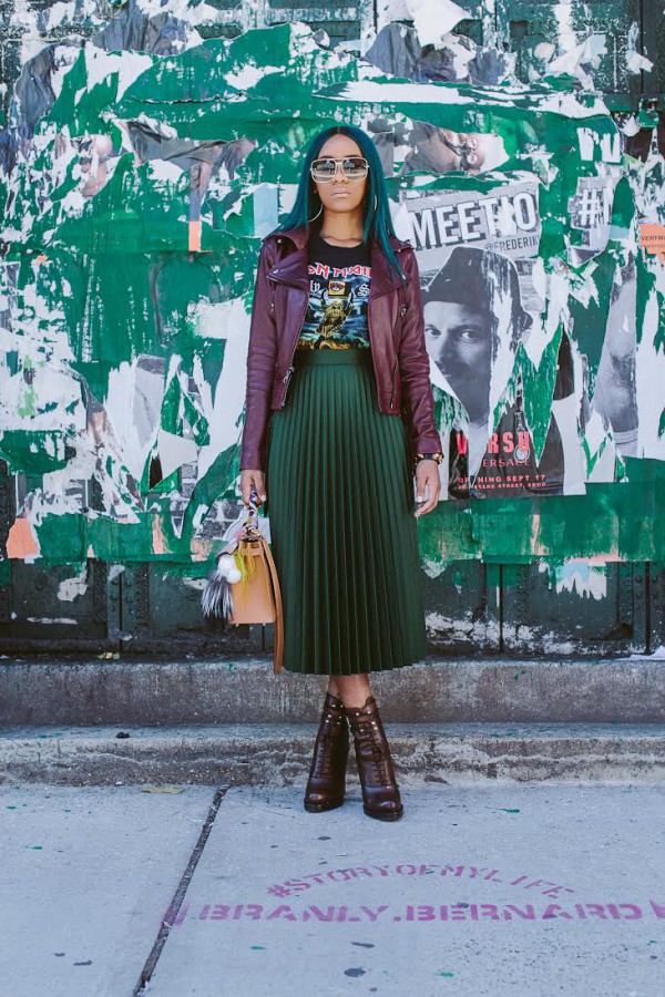 Oxblood-Leather-Jacket-Green-Pleated-Skirt-Graphic-Tee-Layers-Fashion-OnGiselleAve