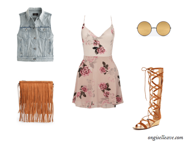 Floral-Dress-Denim-Vest-Gladiator-Sandals-Coachella-Fashion-OnGiselleAve