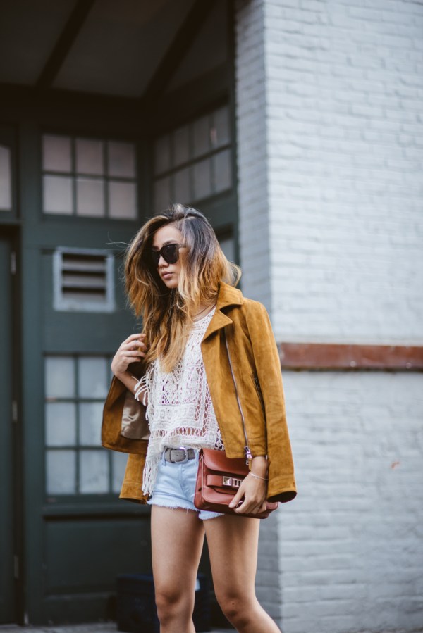 Jenny-Ong-Neon-Blush-Suede-Jacket-Denim-Cut-Off-Shorts-Fashion-OnGiselleAve