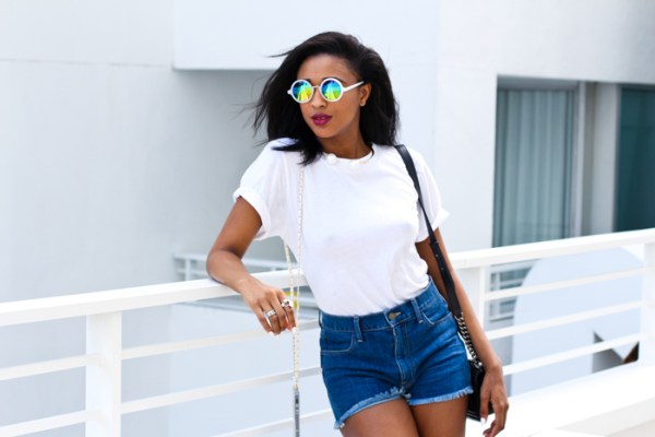 Ria-Michelle-Denim-Shorts-White-Basic-Tee-Neon-Shades-Fashion-OnGiselleAve